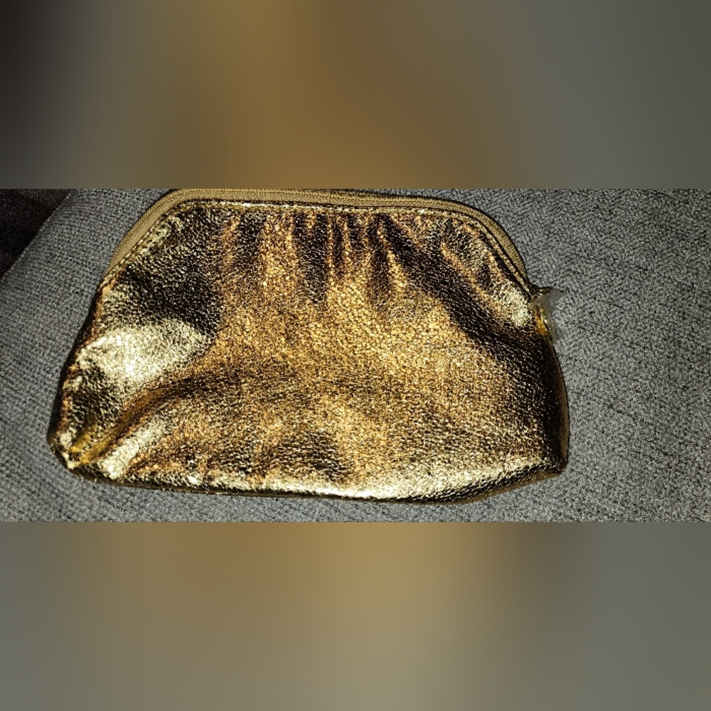 New ESTEE LAUDER Gold Cosmetic Makeup Bag Plastic Still On Zipper Vintage?